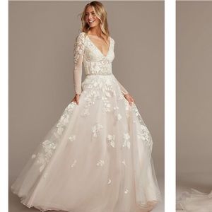 Illusion Sleeve Plunging Ball Gown Wedding Dress